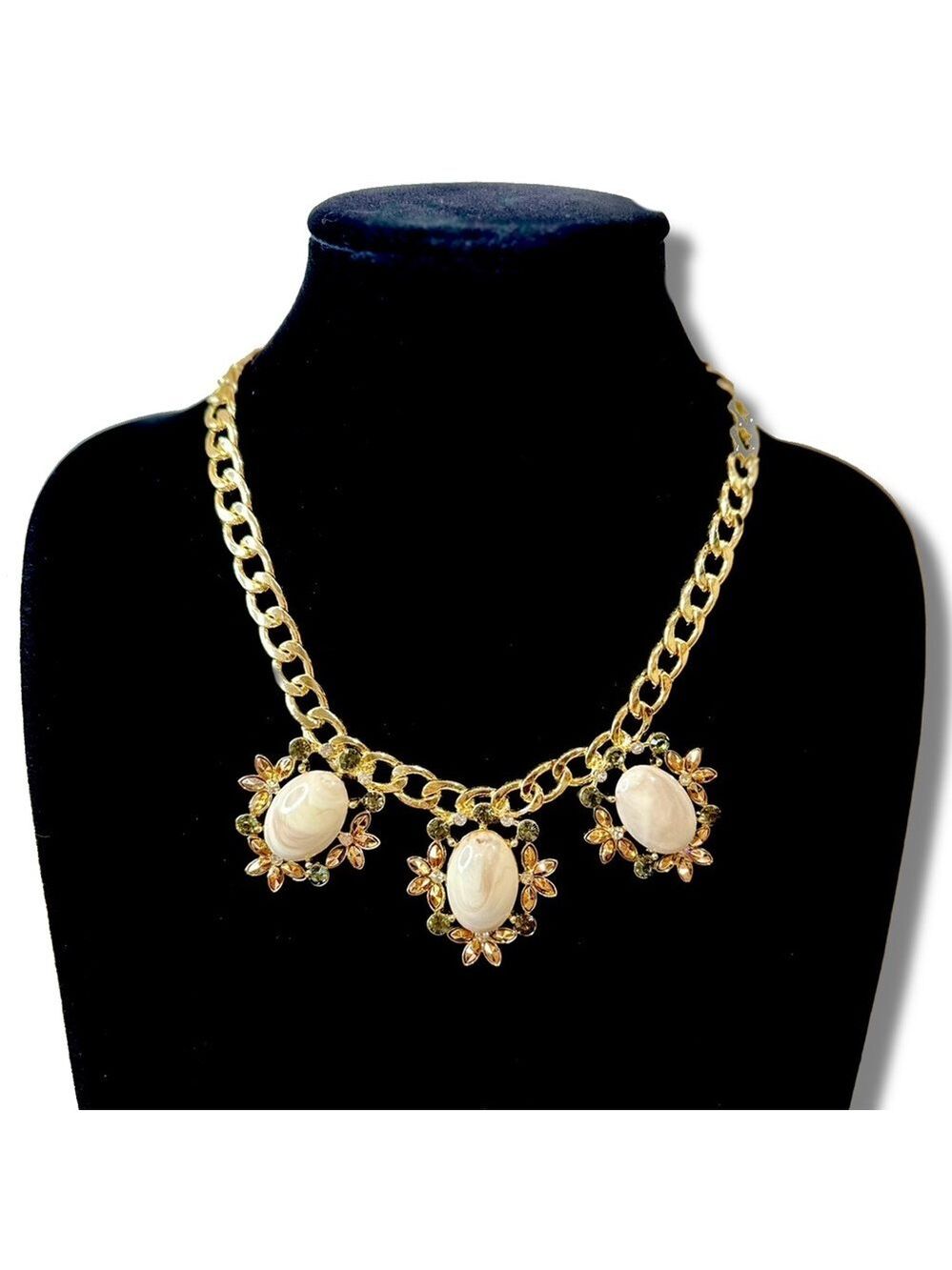 LEE ANGEL for NEIMAN MARCUS Gold & Milky Cabochon Garden Statement Necklace NWT